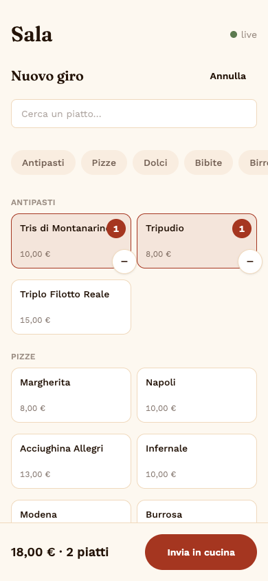 Composizione di una comanda al tavolo, con il menù e il carrello del giro