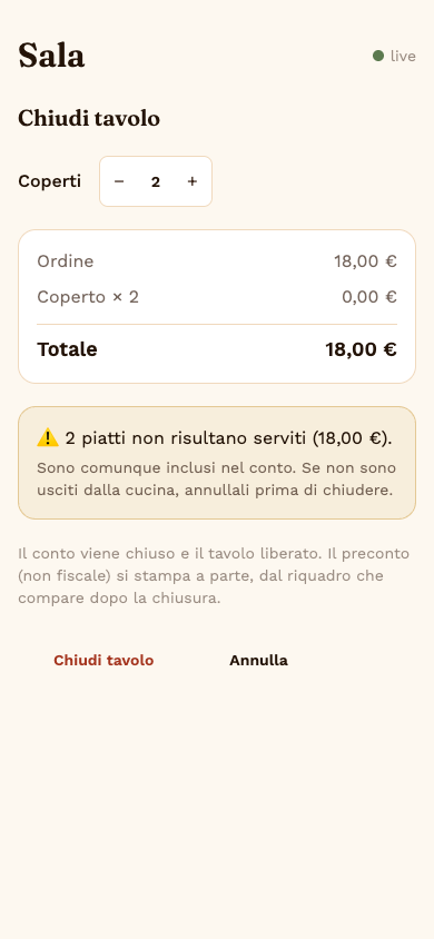 Schermata di chiusura tavolo, con il totale e il coperto separati
