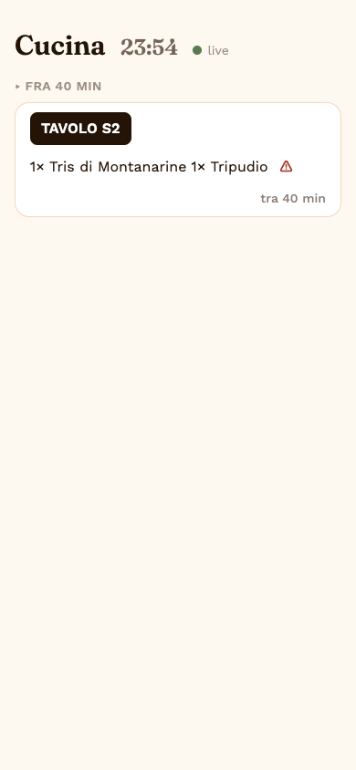 Schermo cucina con un ticket in coda, ordinato per quando è dovuto